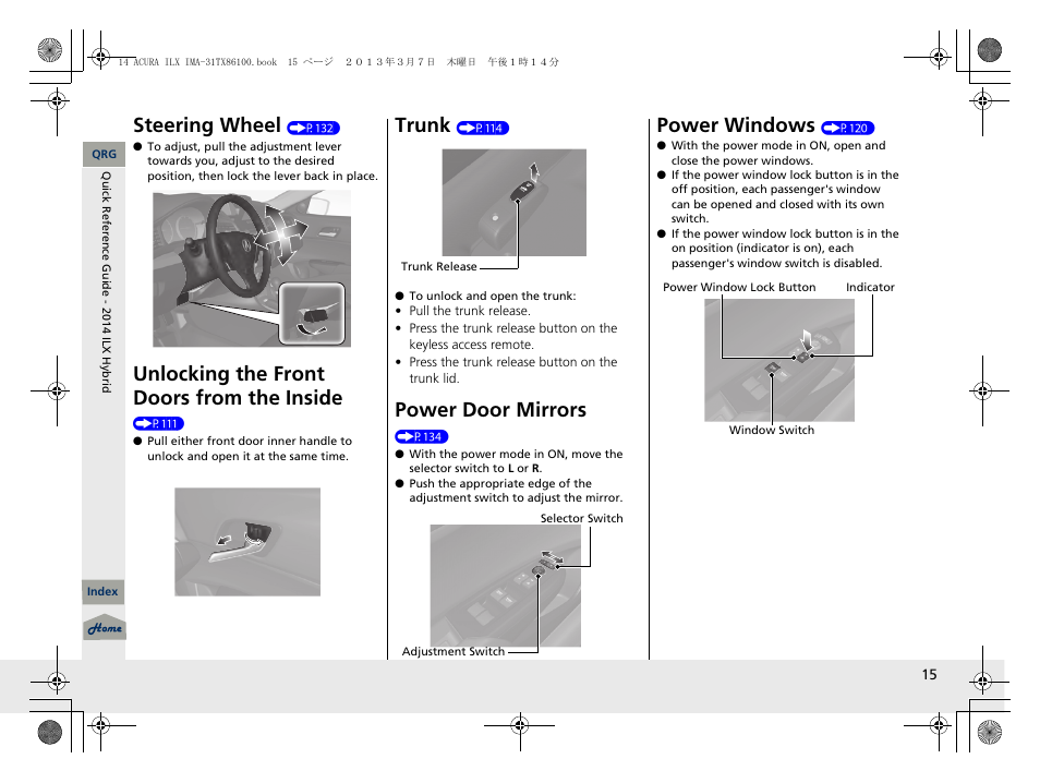 Steering wheel, Unlocking the front doors from the inside, Trunk | Power door mirrors, Power windows | Acura 2014 ILX Hybrid - Owner's Manual User Manual | Page 16 / 365