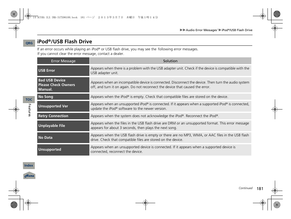 Ipod®/usb flash drive | Acura 2014 ILX Hybrid - Owner's Manual User Manual | Page 182 / 365