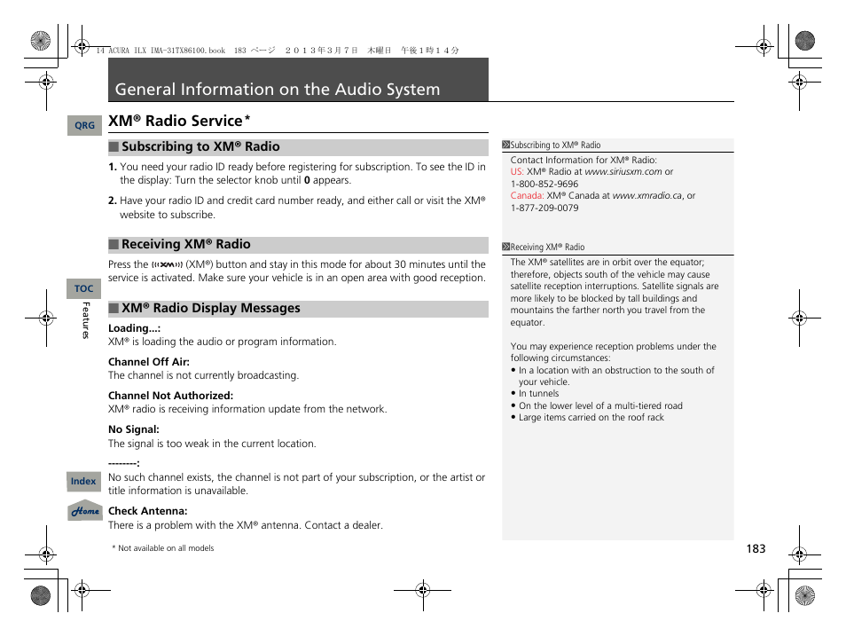 General information on the audio system, P. 183, General information on the audio | System, Xm® radio service | Acura 2014 ILX Hybrid - Owner's Manual User Manual | Page 184 / 365