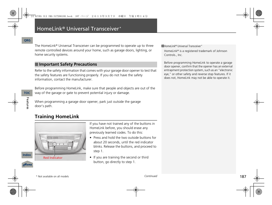 Homelink® universal transceiver, P. 187, Training homelink | Acura 2014 ILX Hybrid - Owner's Manual User Manual | Page 188 / 365