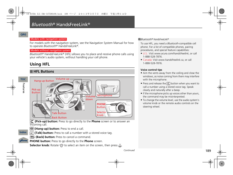 Bluetooth® handsfreelink, P. 189, P 189) | Bluetooth ® handsfreelink, Using hfl | Acura 2014 ILX Hybrid - Owner's Manual User Manual | Page 190 / 365