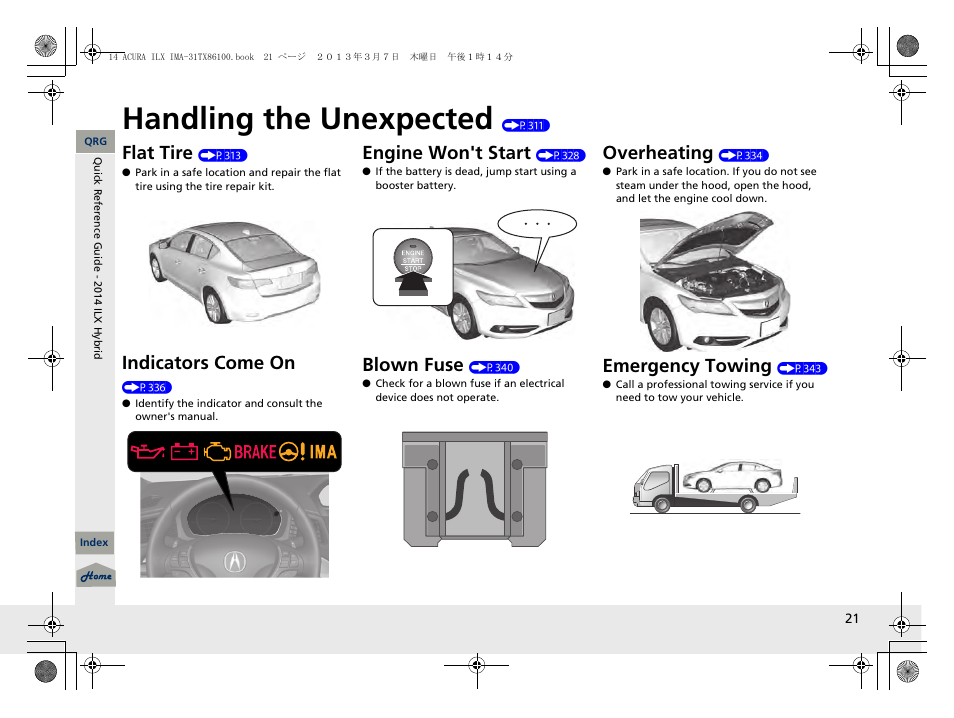 Handling the unexpected (p311), Handling the unexpected, Flat tire | Indicators come on, Engine won't start, Blown fuse, Over heating, Emergency towing | Acura 2014 ILX Hybrid - Owner's Manual User Manual | Page 22 / 365