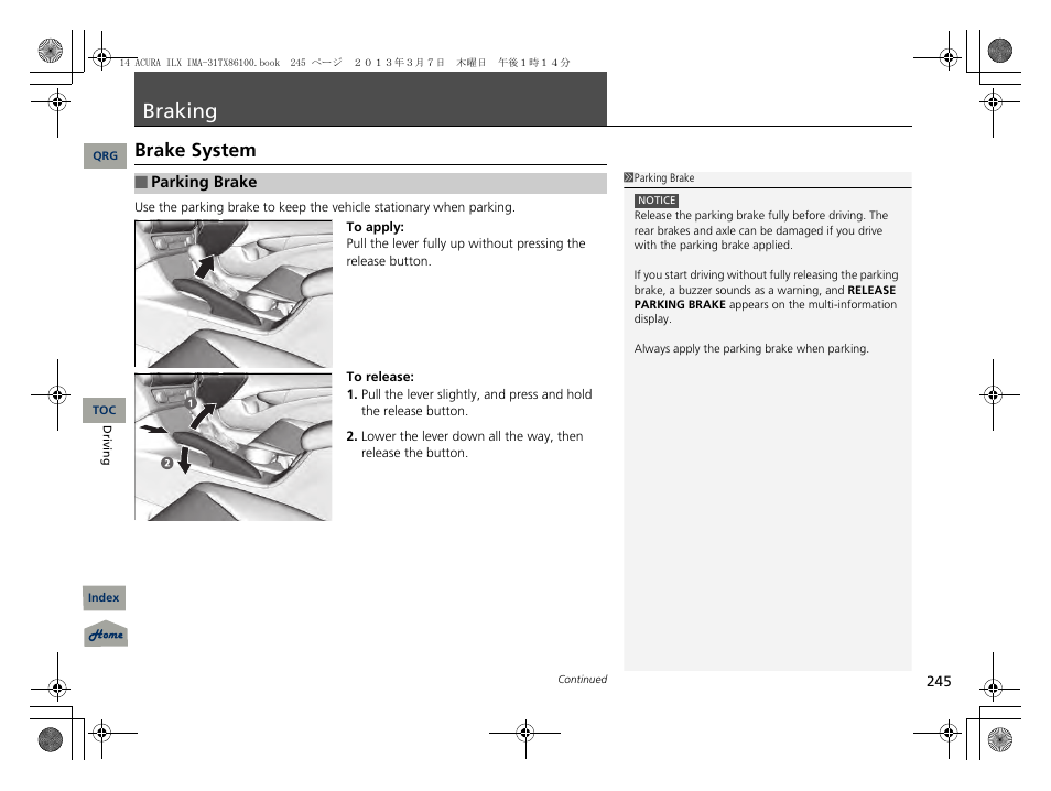 Braking, P. 245, P 245) | Brake system | Acura 2014 ILX Hybrid - Owner's Manual User Manual | Page 246 / 365