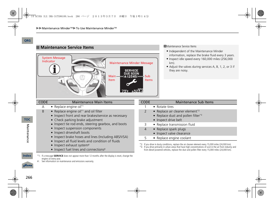 2 maintenance service items p. 266, Maintenance service items | Acura 2014 ILX Hybrid - Owner's Manual User Manual | Page 267 / 365