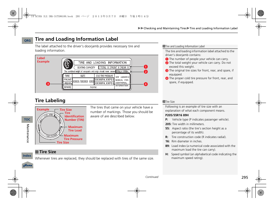 Tire and loading information label, Tire labeling, Tire size | Acura 2014 ILX Hybrid - Owner's Manual User Manual | Page 296 / 365