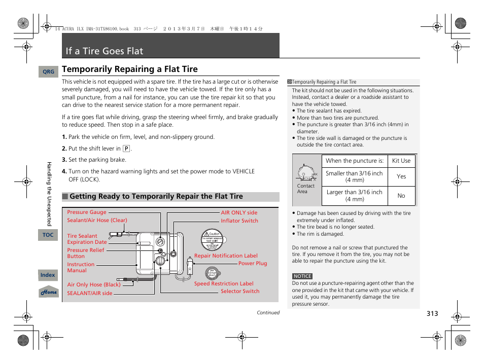 If a tire goes flat, P. 313, P 313) | P313), Temporarily repairing a flat tire | Acura 2014 ILX Hybrid - Owner's Manual User Manual | Page 314 / 365