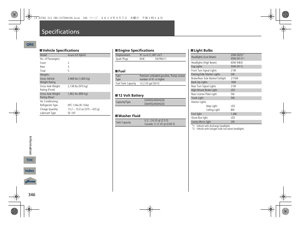 Specifications, P. 346 | Acura 2014 ILX Hybrid - Owner's Manual User Manual | Page 347 / 365