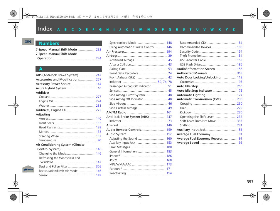 Index, Numbers, P. 357 | Index numbers | Acura 2014 ILX Hybrid - Owner's Manual User Manual | Page 358 / 365