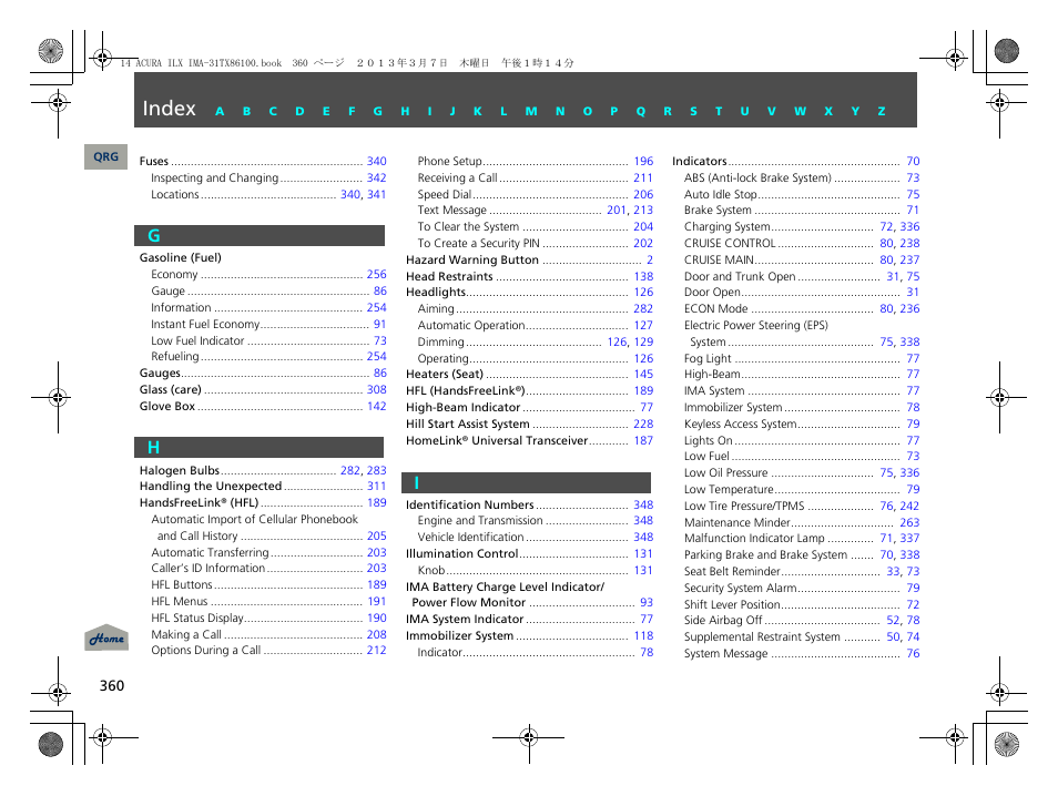 G - i, Index, Gh i | Acura 2014 ILX Hybrid - Owner's Manual User Manual | Page 361 / 365