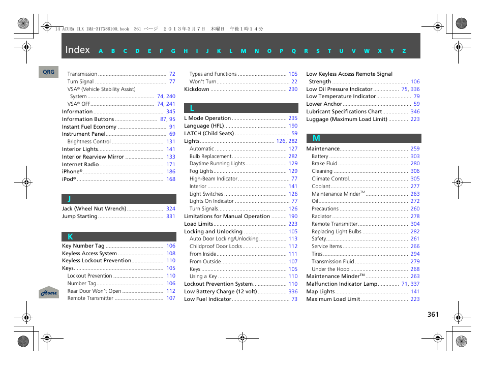 J - m, Index, Jk l m | Acura 2014 ILX Hybrid - Owner's Manual User Manual | Page 362 / 365