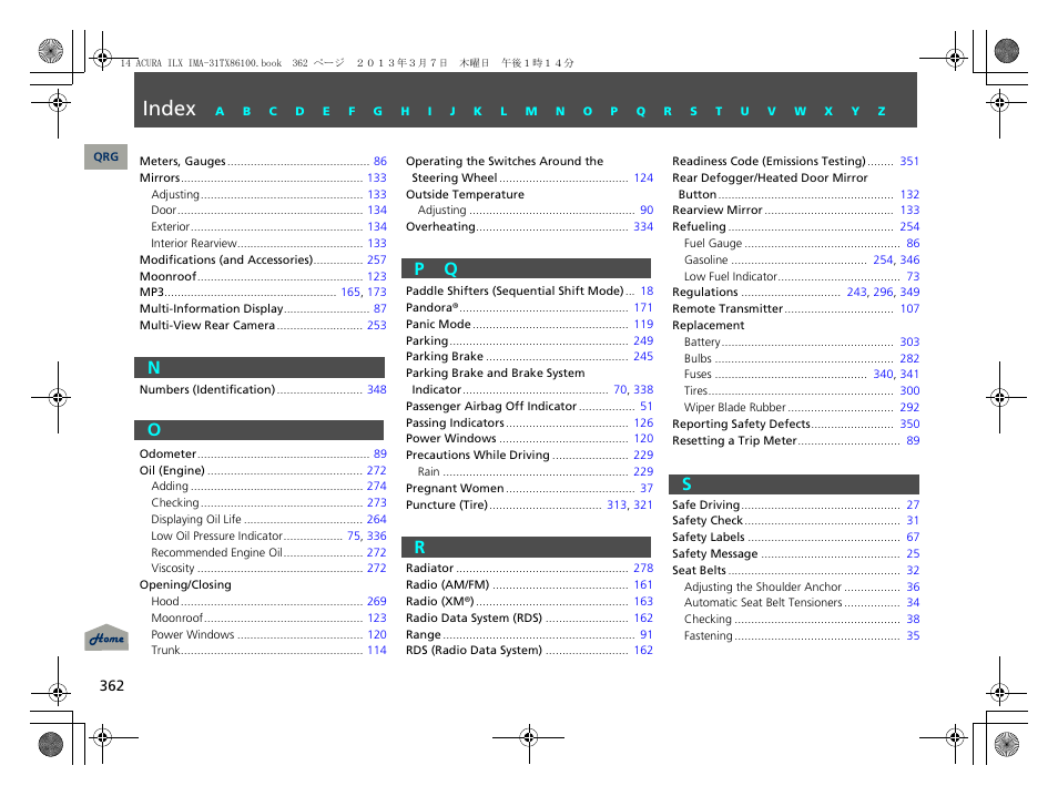 N - s, Index | Acura 2014 ILX Hybrid - Owner's Manual User Manual | Page 363 / 365