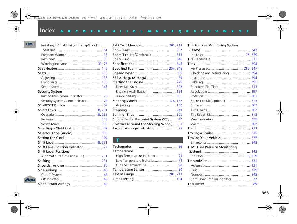 Index | Acura 2014 ILX Hybrid - Owner's Manual User Manual | Page 364 / 365