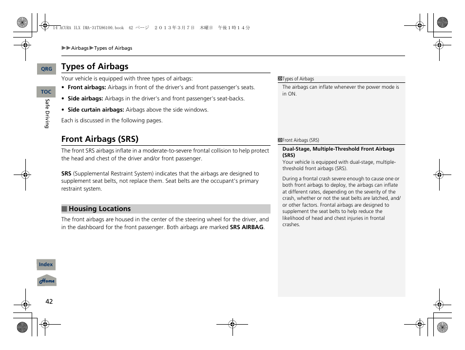 P 42), Types of airbags, Front airbags (srs) | Acura 2014 ILX Hybrid - Owner's Manual User Manual | Page 43 / 365