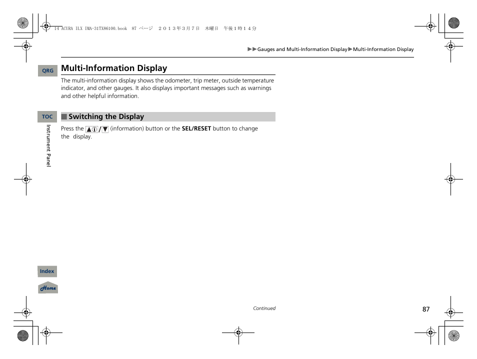 P 87), P87), System indicators | Multi-information display | Acura 2014 ILX Hybrid - Owner's Manual User Manual | Page 88 / 365