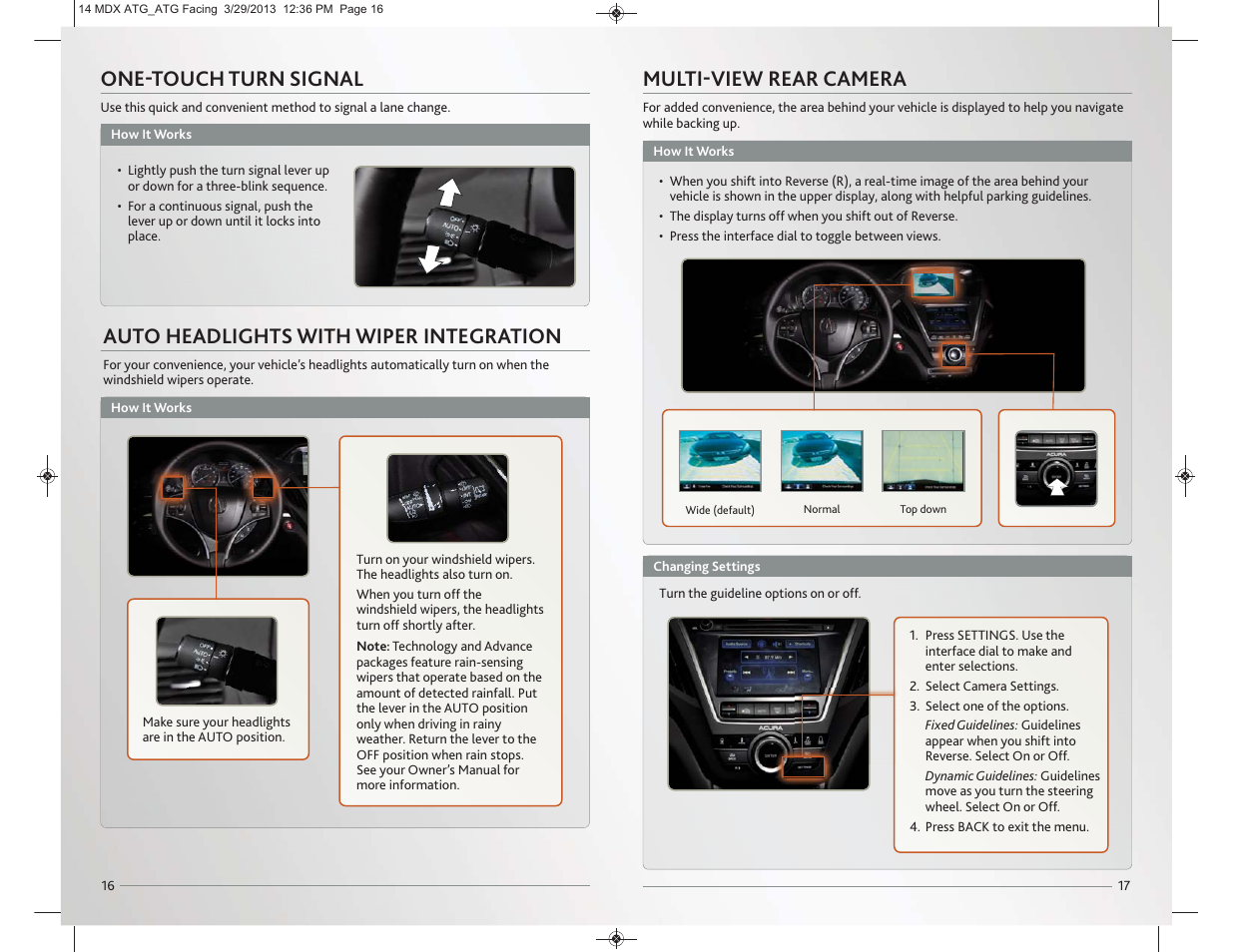 One-touch turn signal, Auto headlights with wiper integration, Multi-view rear camera | Acura 2014 MDX - Advanced Technology Guide User Manual | Page 10 / 28