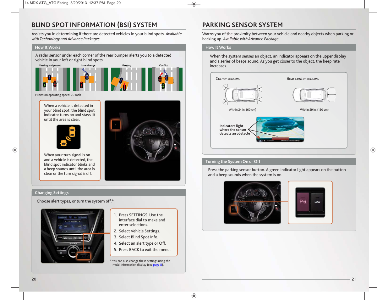 Parking sensor system, Blind spot information (bsi) system | Acura 2014 MDX - Advanced Technology Guide User Manual | Page 12 / 28