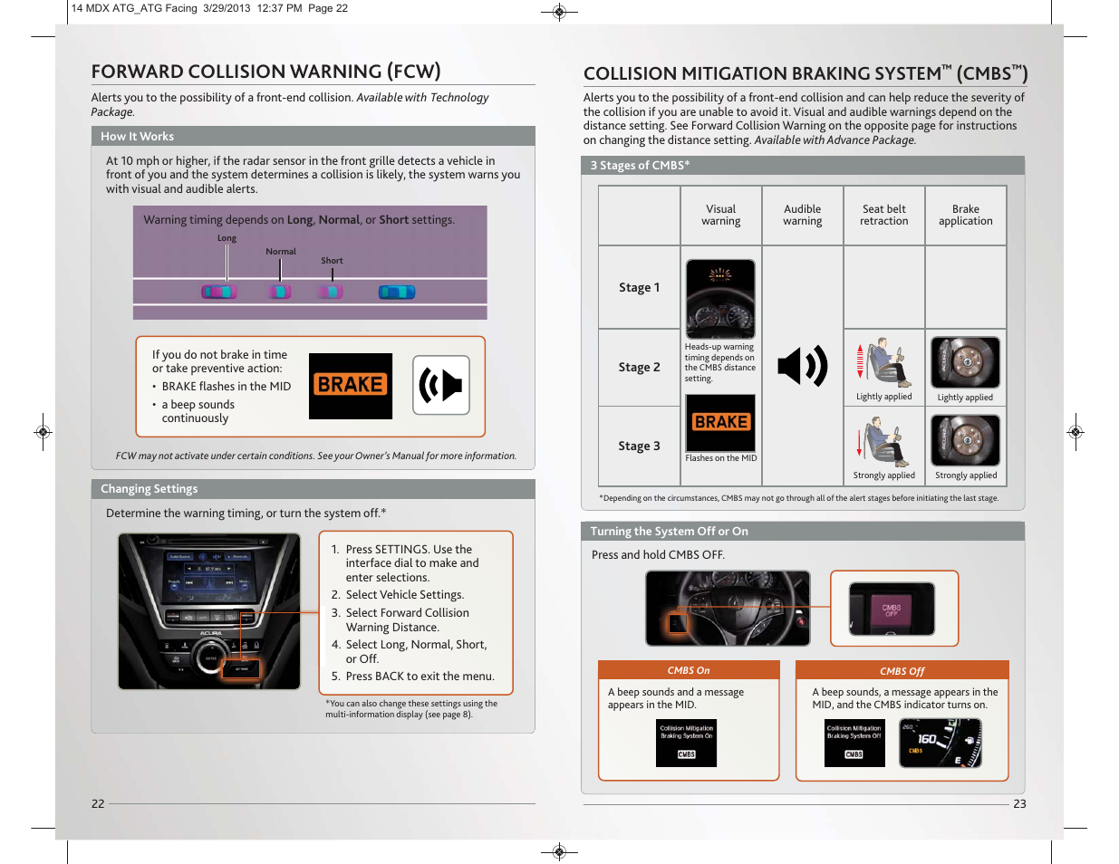 Forward collision warning (fcw), Collision mitigation braking system, Cmbs | Acura 2014 MDX - Advanced Technology Guide User Manual | Page 13 / 28