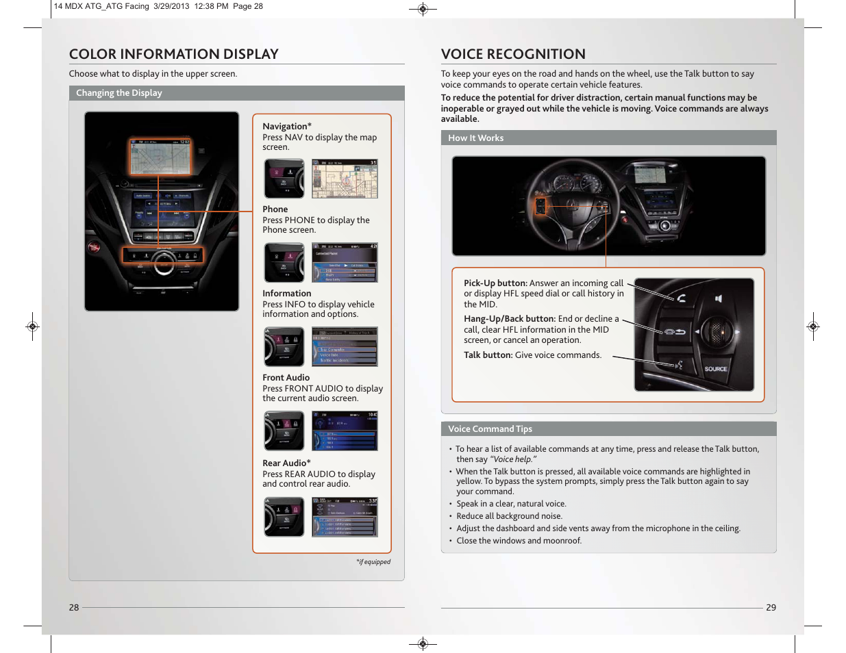 Ecognition, P. 29, Voice recognition | Color information display | Acura 2014 MDX - Advanced Technology Guide User Manual | Page 16 / 28