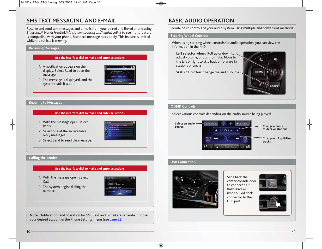 Sms text messaging and e-mail, Basic audio operation | Acura 2014 MDX - Advanced Technology Guide User Manual | Page 22 / 28