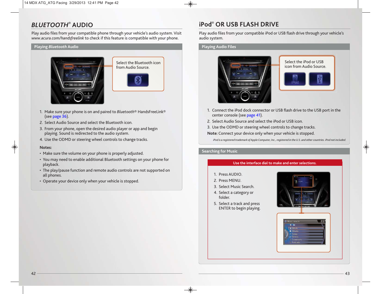 Bluetooth, Audio, Ipod | Or usb flash drive | Acura 2014 MDX - Advanced Technology Guide User Manual | Page 23 / 28