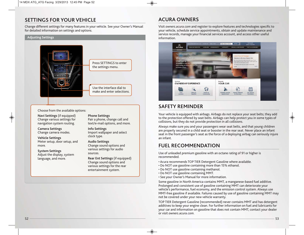 Acura owners, Settings for your vehicle, Safety reminder | Fuel recommendation | Acura 2014 MDX - Advanced Technology Guide User Manual | Page 28 / 28