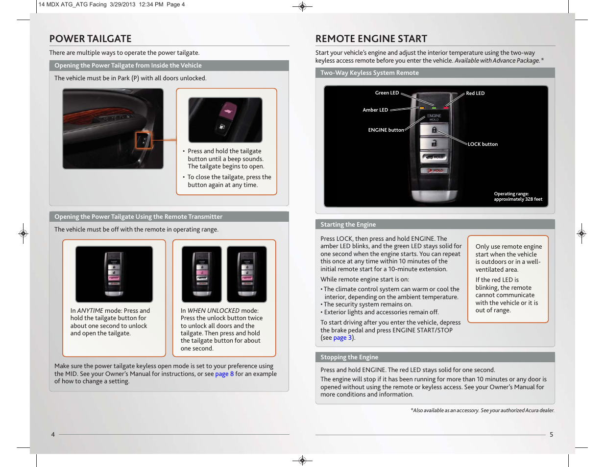 Power tailgate, Remote engine start | Acura 2014 MDX - Advanced Technology Guide User Manual | Page 4 / 28