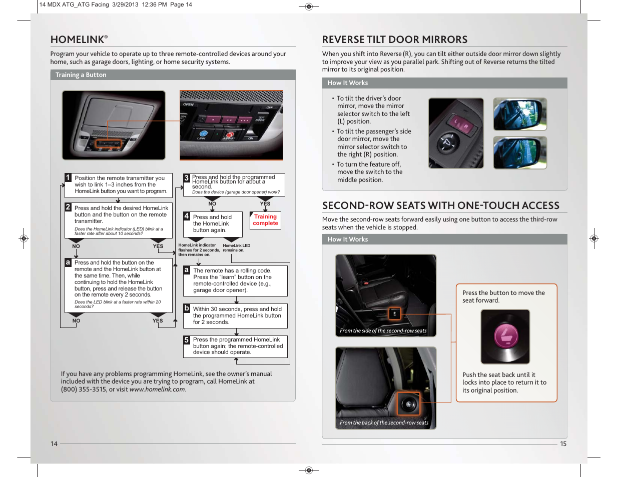 Homelink, Reverse tilt door mirrors, Second-row seats with one-touch access | Acura 2014 MDX - Advanced Technology Guide User Manual | Page 9 / 28