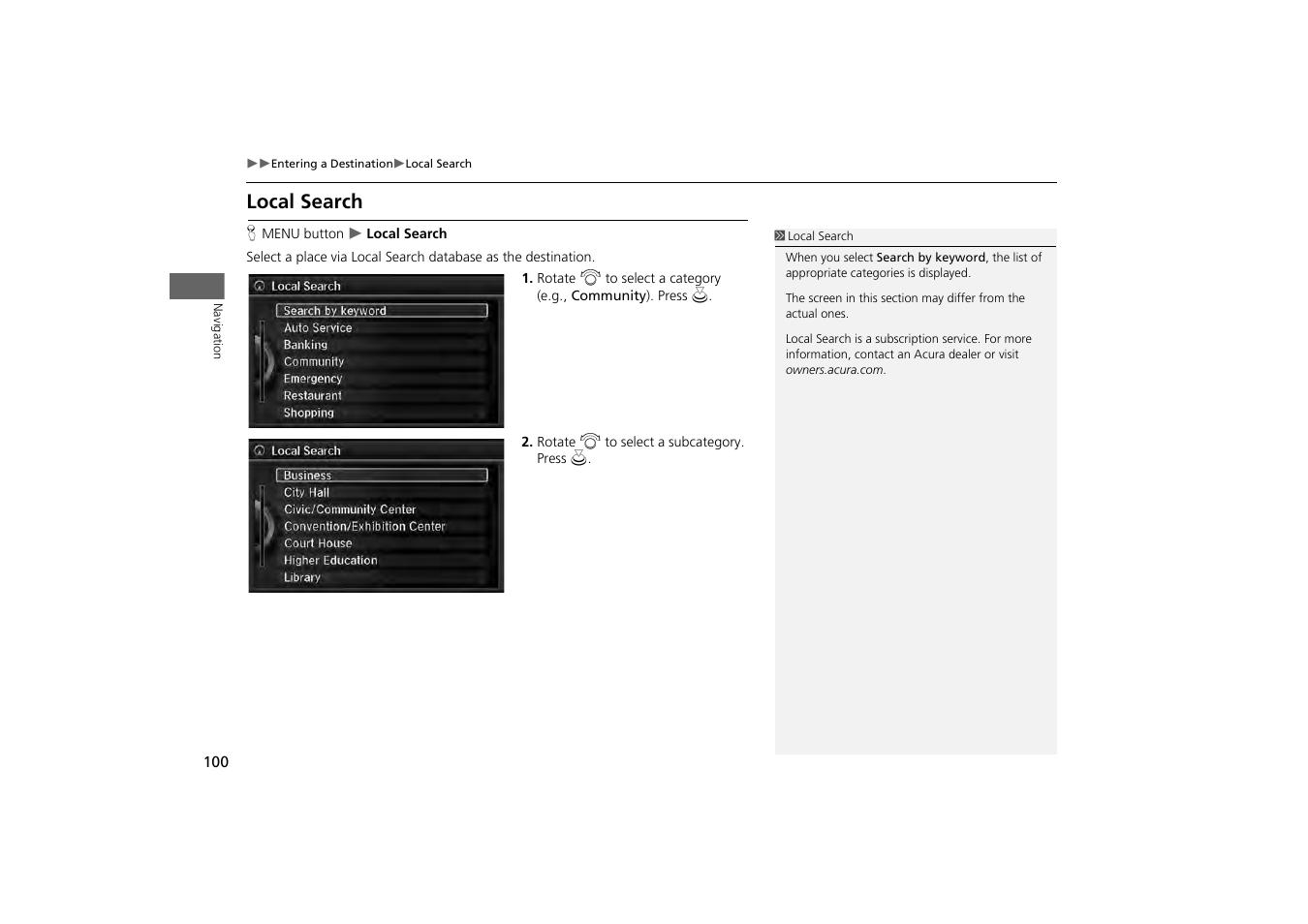 Search, Local search, P. 100 | 2 local search | Acura 2014 MDX - Navigation Manual User Manual | Page 101 / 343