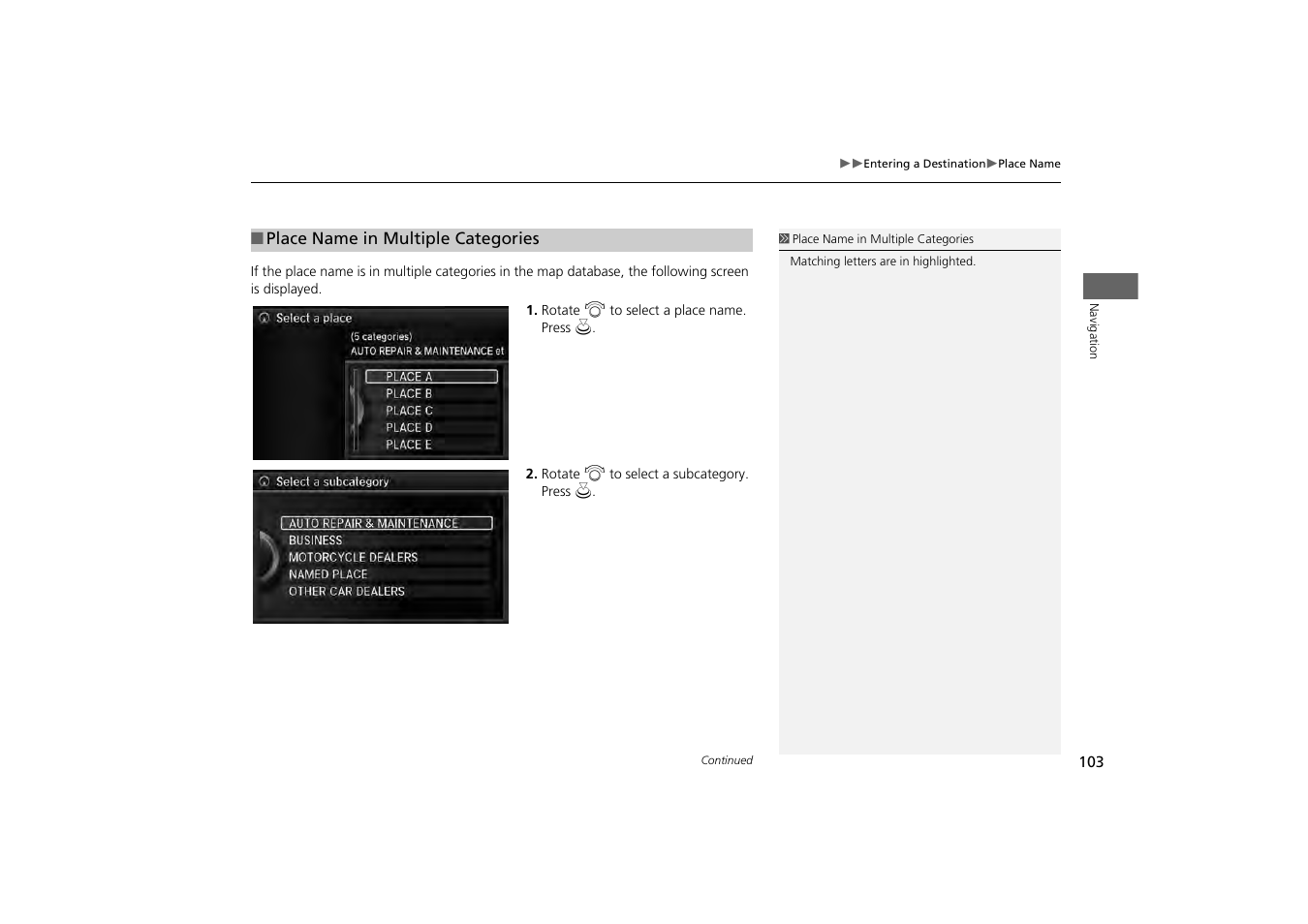U select it, 2 place name in multiple categories, P. 103 | Acura 2014 MDX - Navigation Manual User Manual | Page 104 / 343