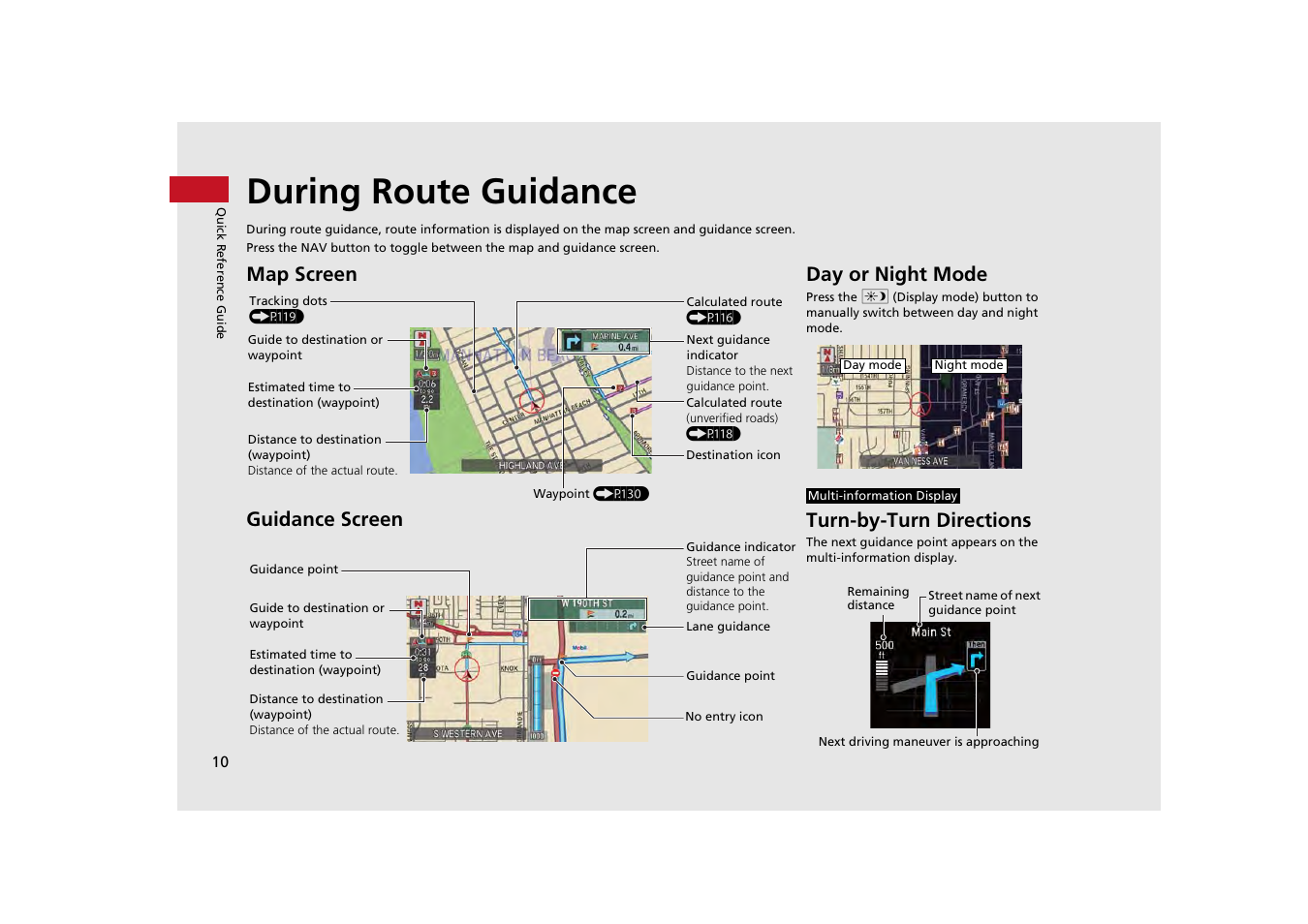 During route guidance, Map screen guidance screen, Day or night mode | Turn-by-turn directions | Acura 2014 MDX - Navigation Manual User Manual | Page 11 / 343