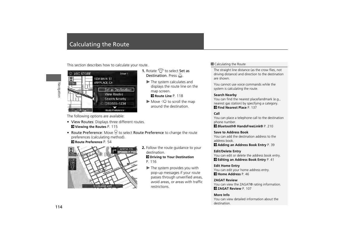 Calculating the route 114, Calculating the route, 2 calculating the route | P. 114, Ination, Ation | Acura 2014 MDX - Navigation Manual User Manual | Page 115 / 343