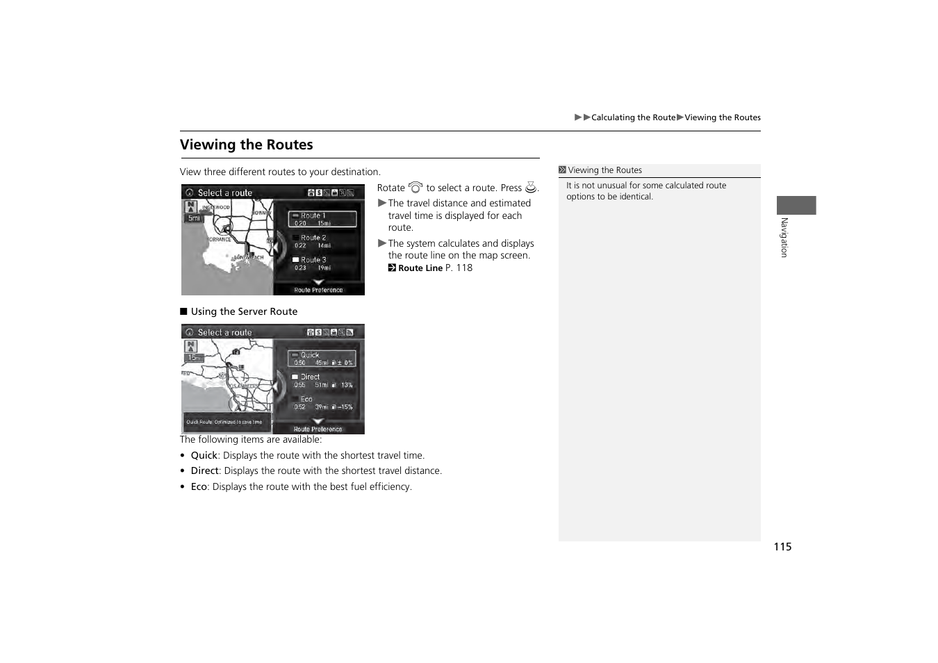 P115), Viewing the routes, 2 viewing the routes | P. 115 | Acura 2014 MDX - Navigation Manual User Manual | Page 116 / 343