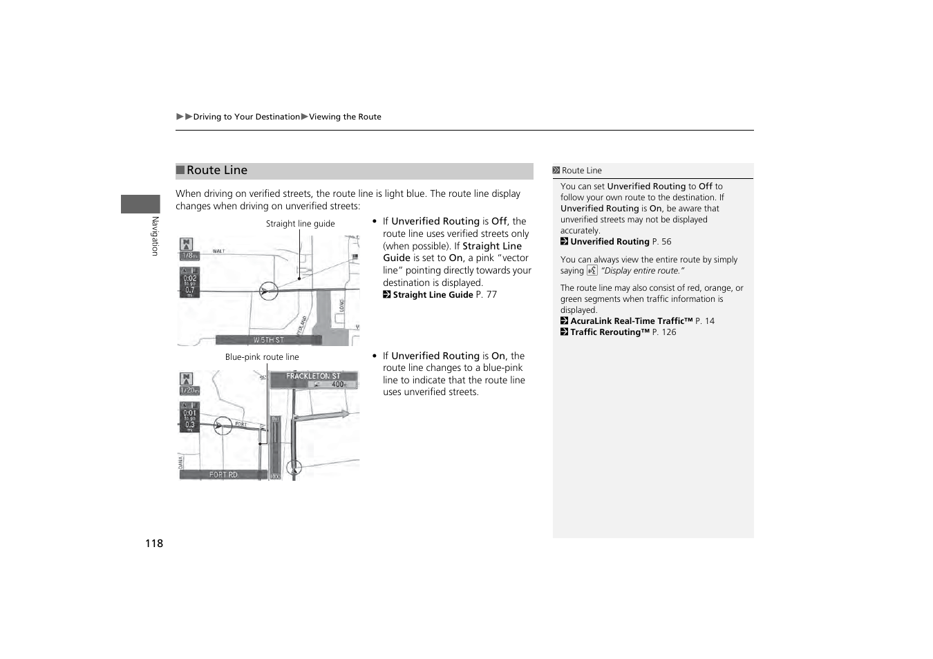 P118), P screen, 2 route line | P. 118 | Acura 2014 MDX - Navigation Manual User Manual | Page 119 / 343