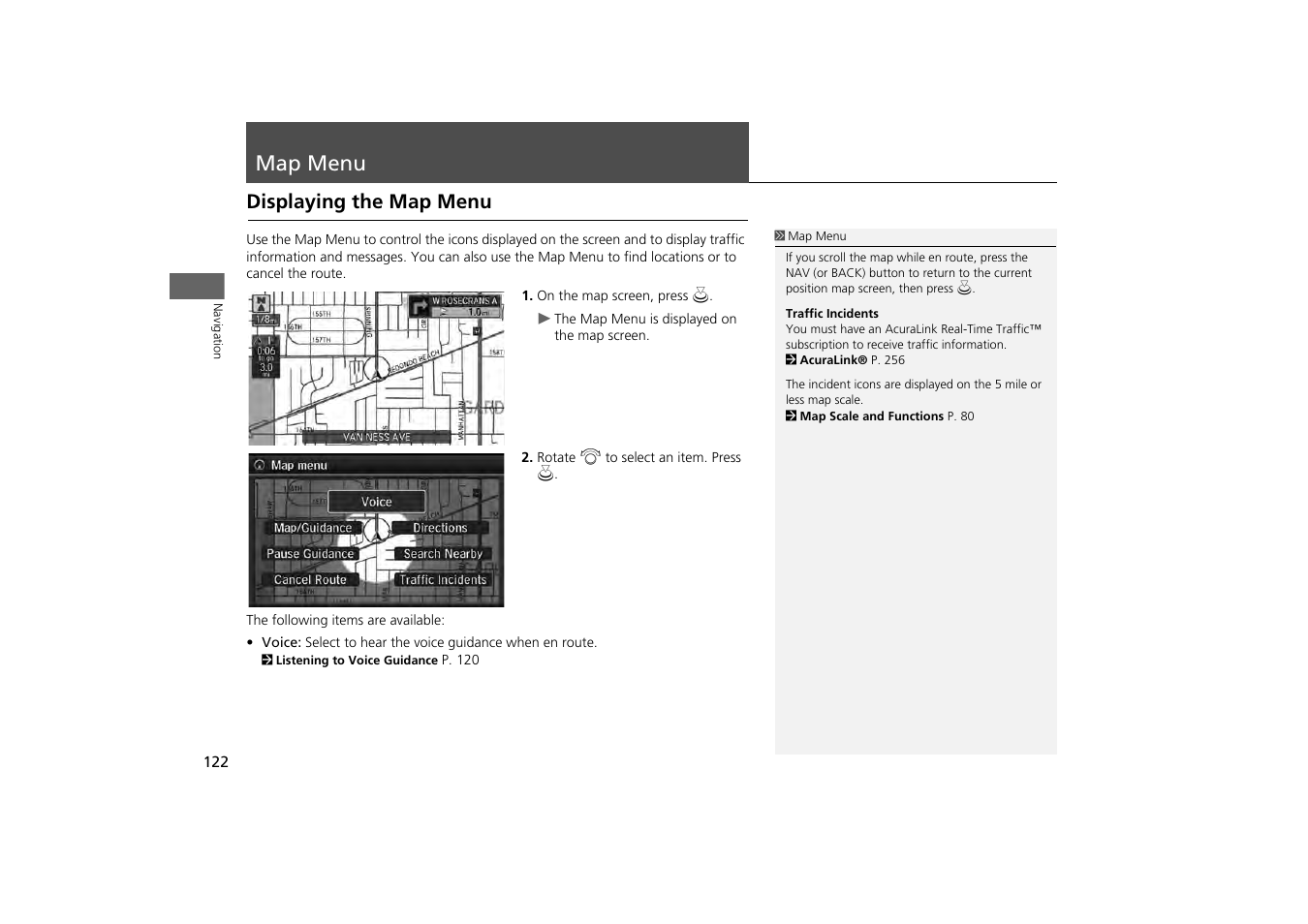 Map menu 122, Map menu, Displaying the map menu | 2 map menu, P. 122 | Acura 2014 MDX - Navigation Manual User Manual | Page 123 / 343