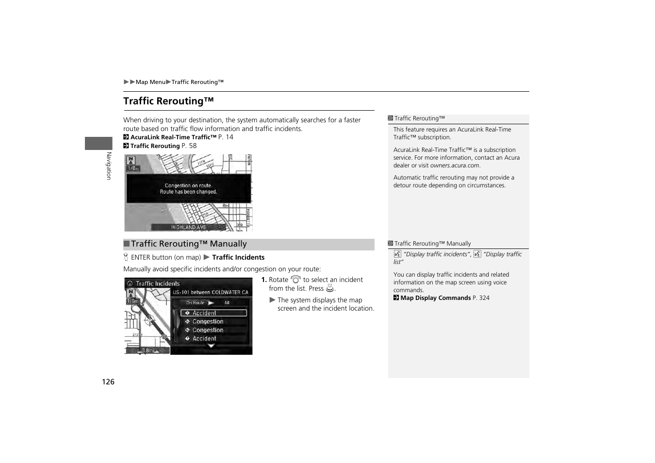 P126), Traffic rerouting, P. 126 | 2 traffic rerouting™ p. 126, 2 traffic rerouting | Acura 2014 MDX - Navigation Manual User Manual | Page 127 / 343