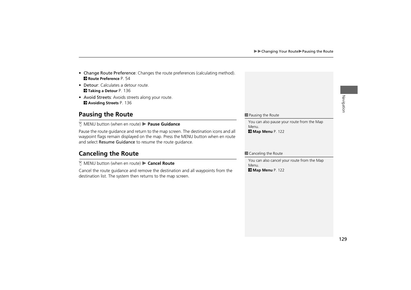 Pausing the route canceling the route, Ent route, 2 pausing the route | P. 129, 2 canceling the route, Ur current route, Pausing the route, Canceling the route | Acura 2014 MDX - Navigation Manual User Manual | Page 130 / 343