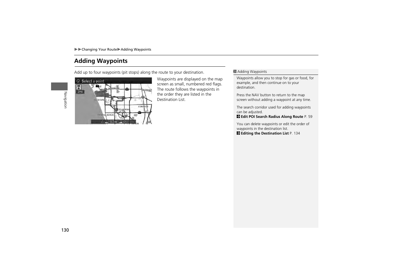 P130), Adding waypoints | Acura 2014 MDX - Navigation Manual User Manual | Page 131 / 343