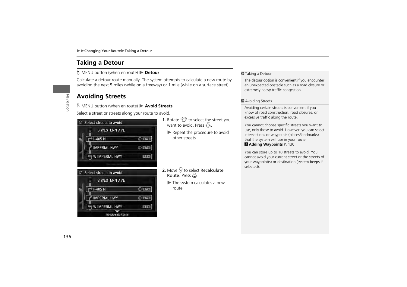 P136), Taking a detour avoiding streets, 2 avoiding streets p. 136 | 2 taking a detour, P. 136, 2 avoiding streets, Taking a detour, Avoiding streets | Acura 2014 MDX - Navigation Manual User Manual | Page 137 / 343