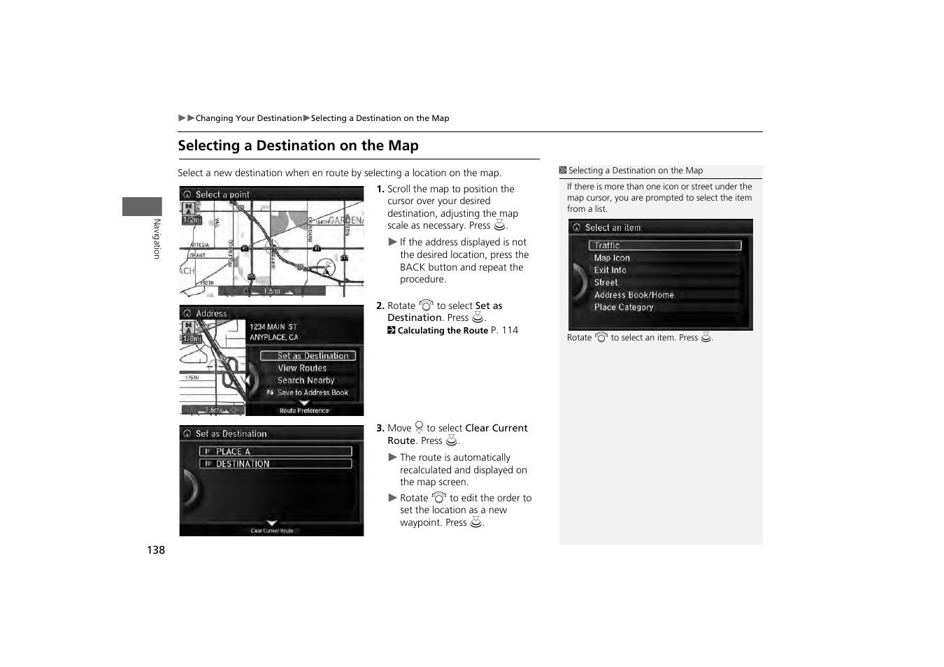 P138), Selecting a destination on the map | Acura 2014 MDX - Navigation Manual User Manual | Page 139 / 343