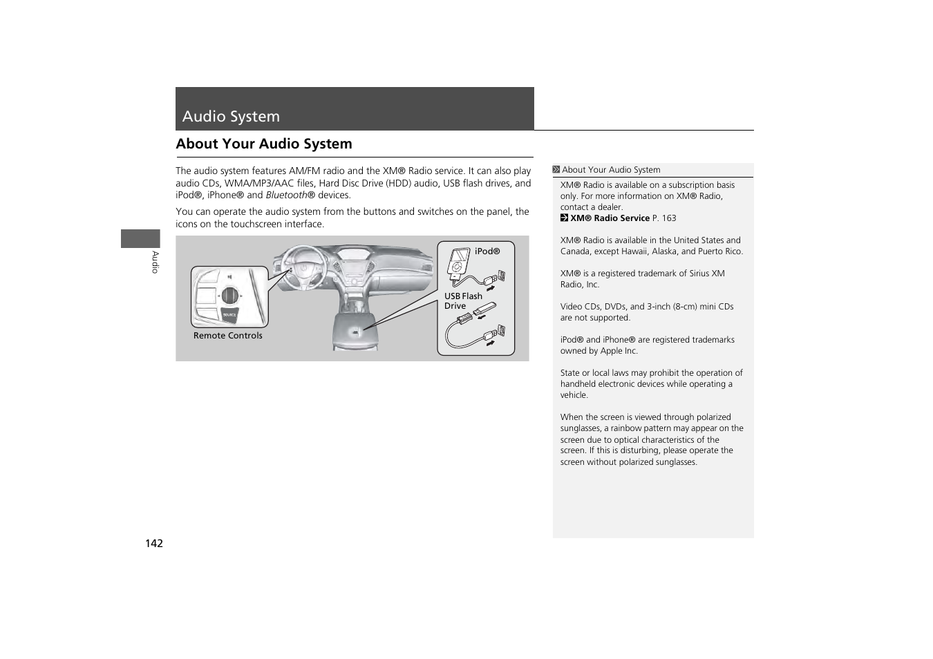 Audio system 142, Audio system, About your audio system | Acura 2014 MDX - Navigation Manual User Manual | Page 143 / 343