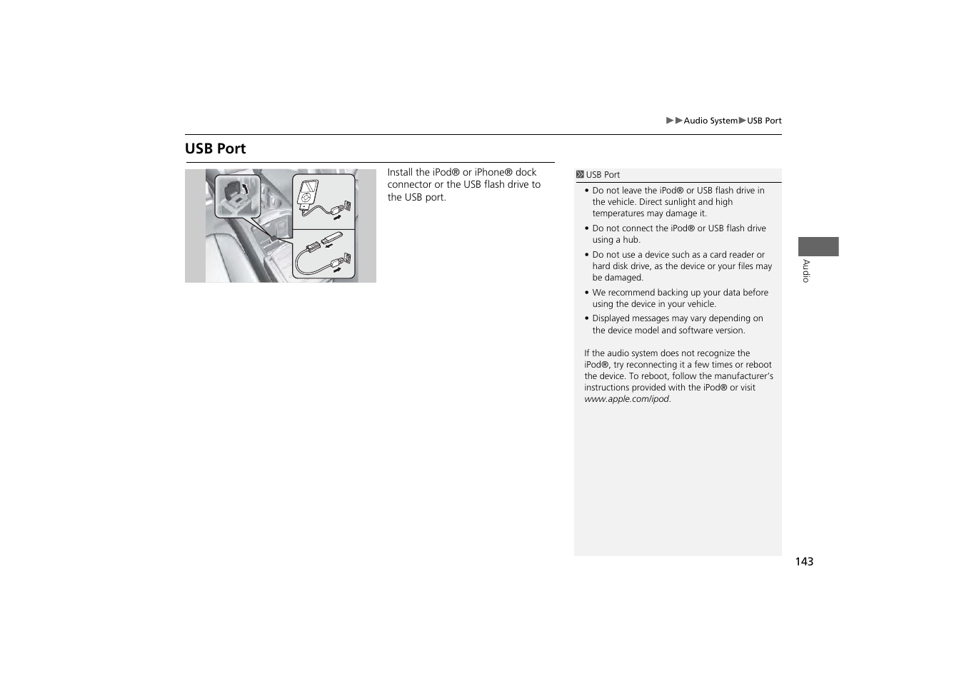 Usb port | Acura 2014 MDX - Navigation Manual User Manual | Page 144 / 343