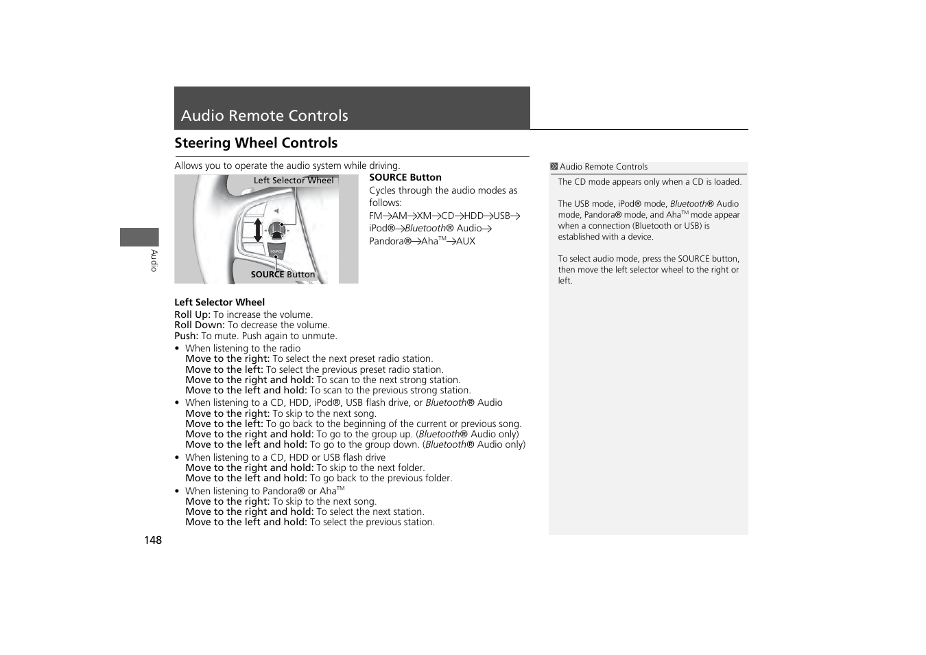 Audio remote controls 148, P148), Audio remote controls | Steering wheel controls | Acura 2014 MDX - Navigation Manual User Manual | Page 149 / 343