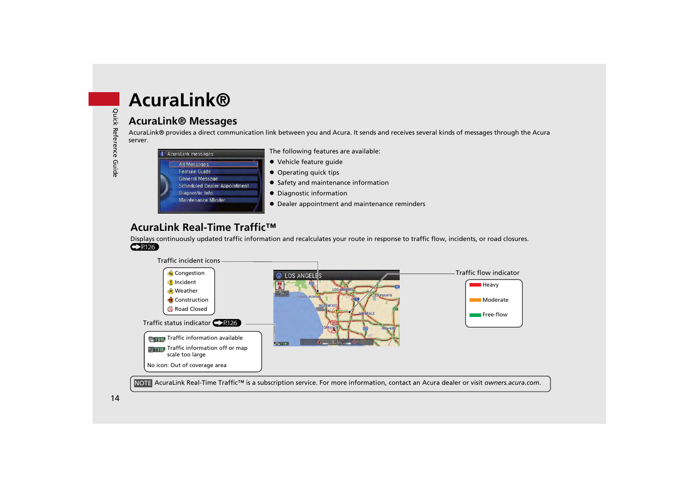 P14), Acuralink, Acuralink® messages | Acuralink real-time traffic | Acura 2014 MDX - Navigation Manual User Manual | Page 15 / 343