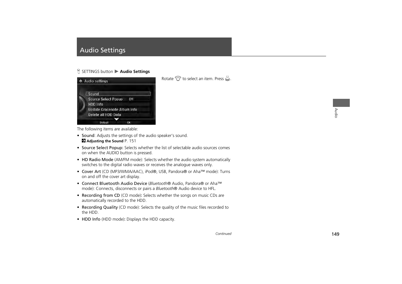 Audio settings 149, Audio settings | Acura 2014 MDX - Navigation Manual User Manual | Page 150 / 343