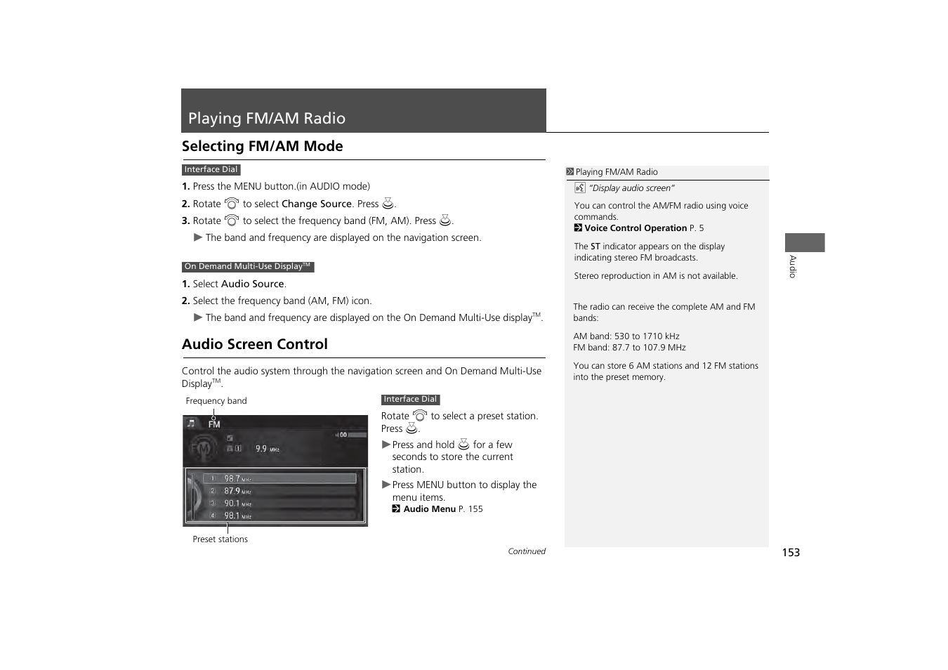 Playing fm/am radio 153, P153), Playing fm/am radio | Selecting fm/am mode audio screen control, Playing fm/am radio p. 153, Selecting fm/am mode, Audio screen control | Acura 2014 MDX - Navigation Manual User Manual | Page 154 / 343