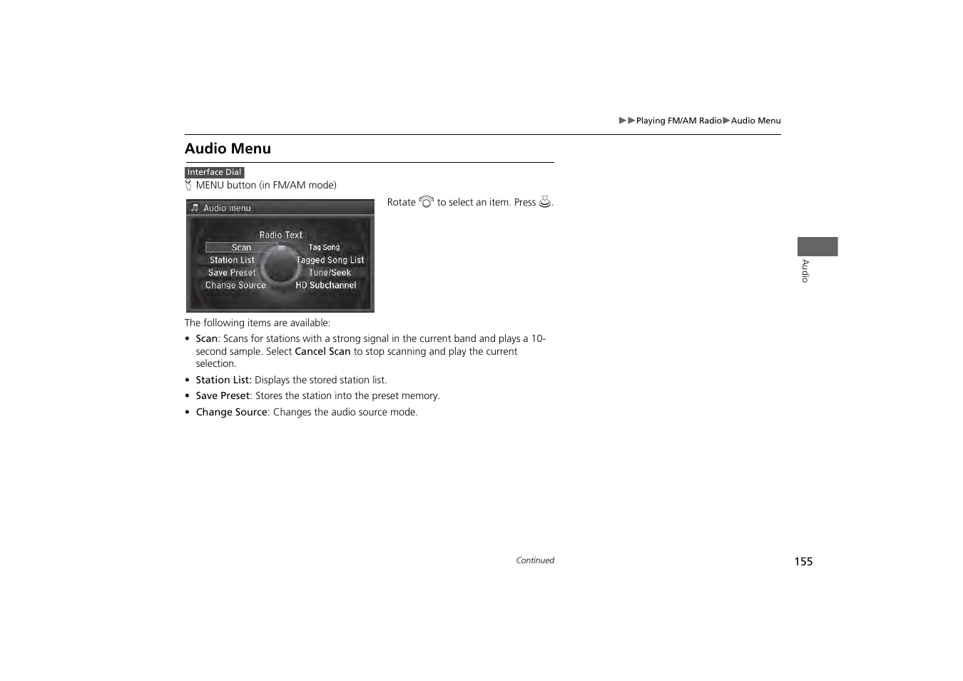 Audio menu | Acura 2014 MDX - Navigation Manual User Manual | Page 156 / 343