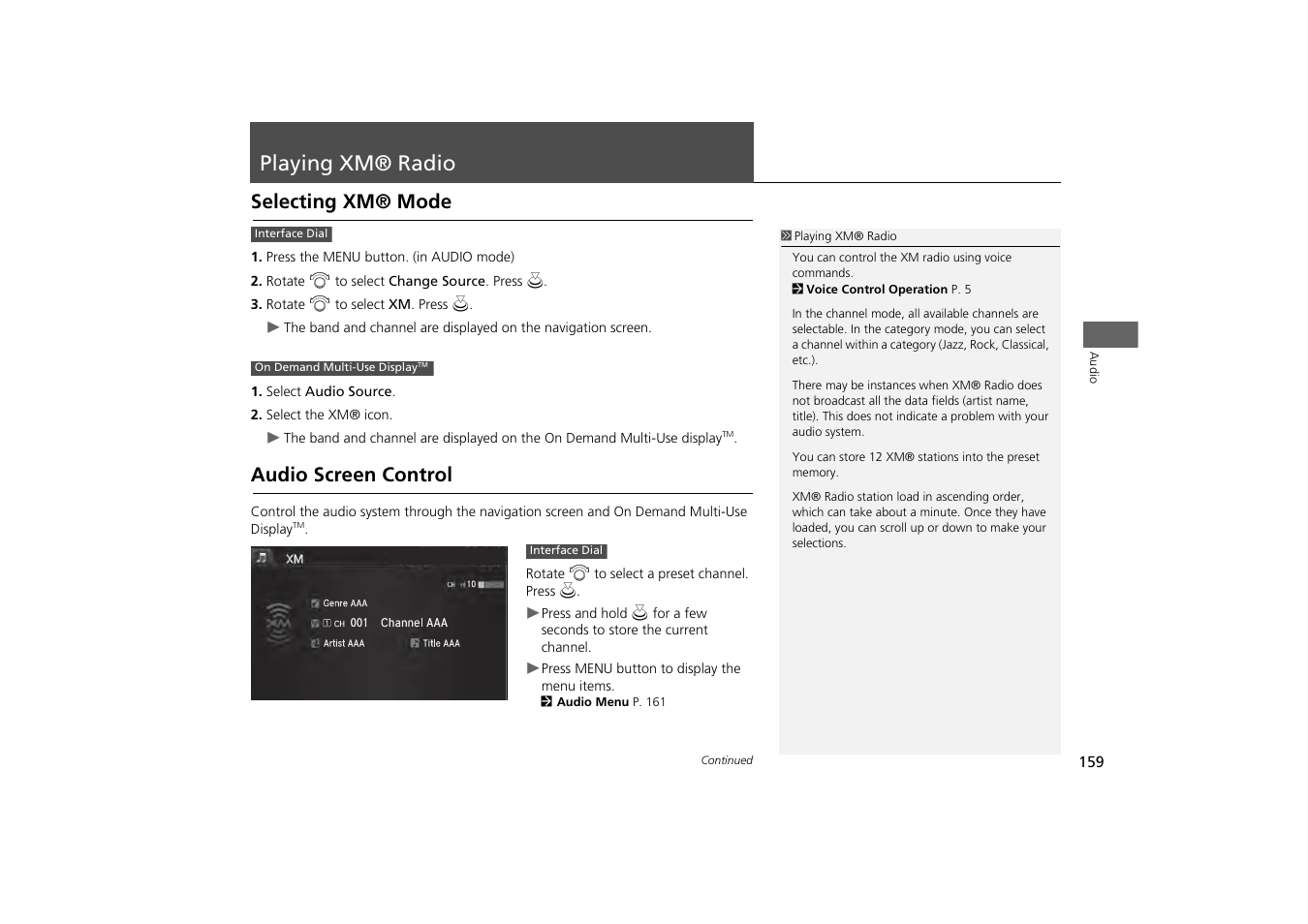 Playing xm® radio 159, P159), Playing xm® radio | Selecting xm® mode audio screen control, Playing xm® radio p. 159, Selecting xm® mode, Audio screen control | Acura 2014 MDX - Navigation Manual User Manual | Page 160 / 343