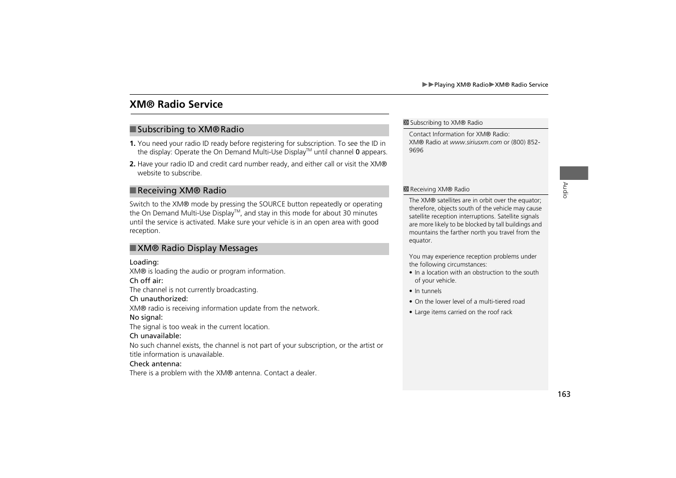 Xm® radio service | Acura 2014 MDX - Navigation Manual User Manual | Page 164 / 343