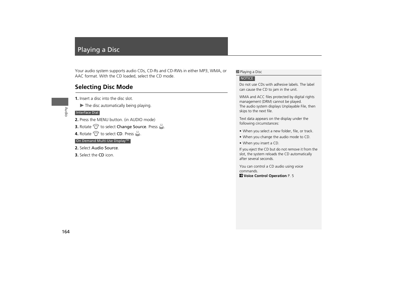 Playing a disc 164, P164), Playing a disc | Selecting disc mode | Acura 2014 MDX - Navigation Manual User Manual | Page 165 / 343