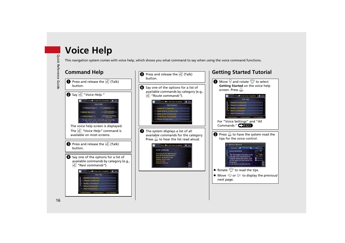 Voice help, P16), Voice help (p16) | Command help, Getting started tutorial | Acura 2014 MDX - Navigation Manual User Manual | Page 17 / 343